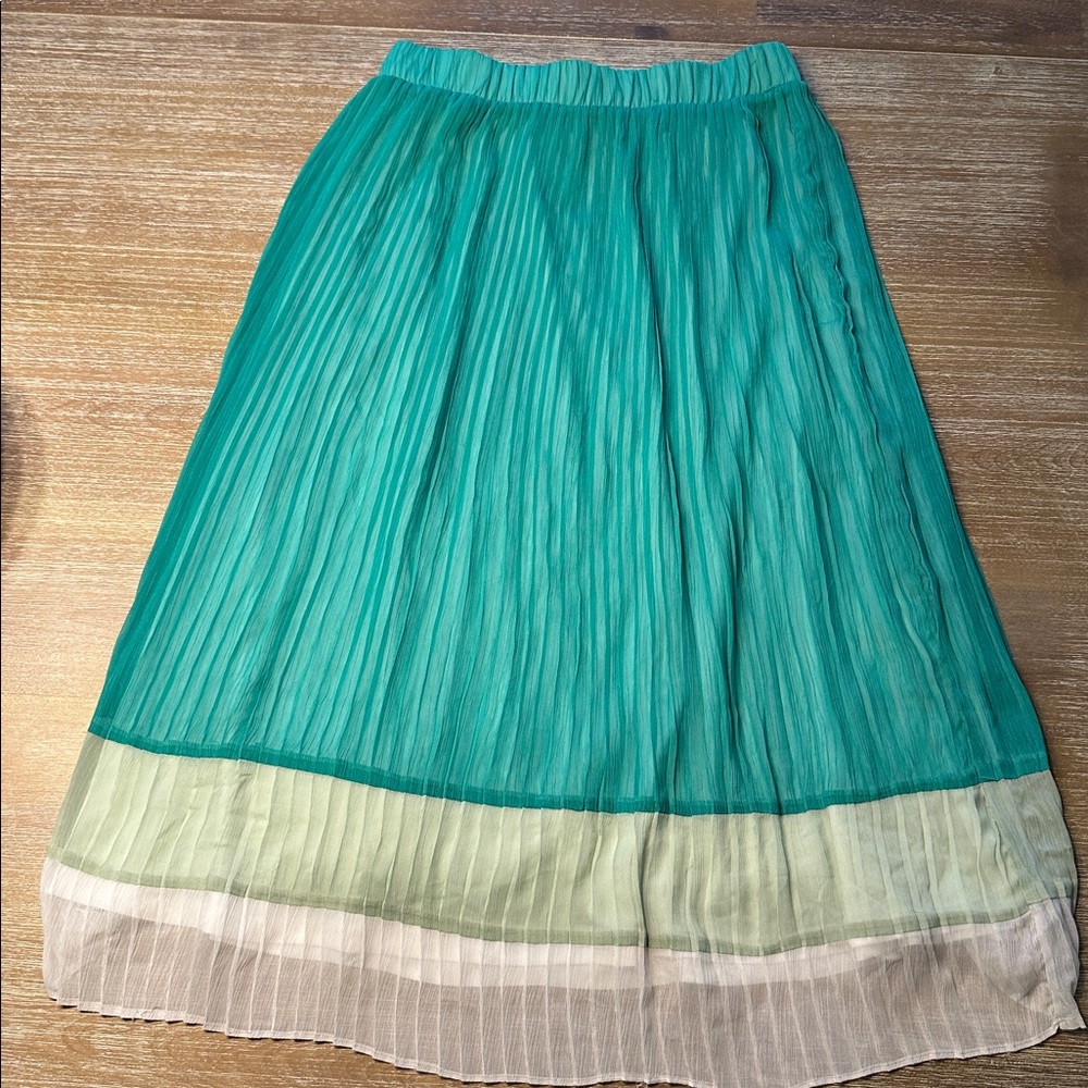 Lapis Green Colorblock Ombré Pleated A-line Midi Skirt Size M